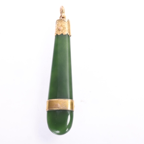 1339 - An Antique Victorian 9ct rose gold mounted pounamu New Zealand greenstone Roimata pendant, circa 188... 