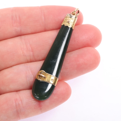 1339 - An Antique Victorian 9ct rose gold mounted pounamu New Zealand greenstone Roimata pendant, circa 188... 