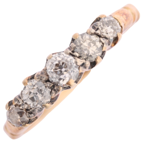 1342 - An Antique 9ct gold five stone diamond half hoop ring, claw set with old-cut diamonds, total diamond... 