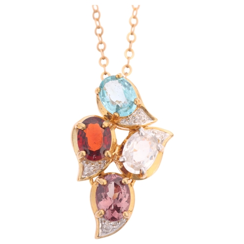 1343 - A 9ct gold gem set pendant necklace, gemstones include tourmaline garnet pink topaz and diamond, on ... 