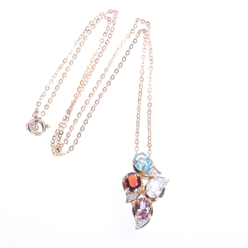 1343 - A 9ct gold gem set pendant necklace, gemstones include tourmaline garnet pink topaz and diamond, on ... 
