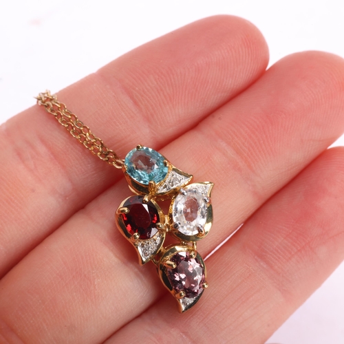 1343 - A 9ct gold gem set pendant necklace, gemstones include tourmaline garnet pink topaz and diamond, on ... 
