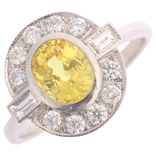 1345 - An Art Deco style platinum yellow sapphire and diamond cluster panel ring, millegrain set with oval ... 