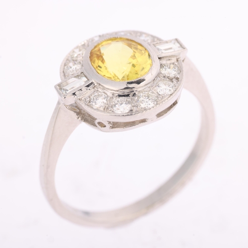 1345 - An Art Deco style platinum yellow sapphire and diamond cluster panel ring, millegrain set with oval ... 