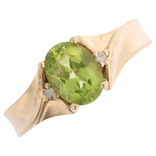 1351 - A 9ct gold three stone peridot and white sapphire dress ring, claw set with oval mixed-cut peridot, ... 