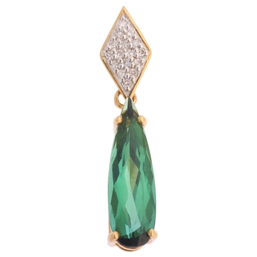 1352 - An 18ct gold green tourmaline and diamond drop pendant, set with long pear-cut tourmaline and single... 