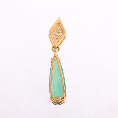 1352 - An 18ct gold green tourmaline and diamond drop pendant, set with long pear-cut tourmaline and single... 