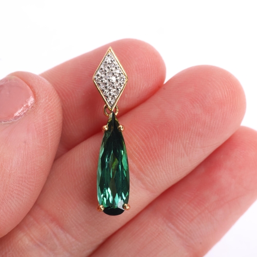 1352 - An 18ct gold green tourmaline and diamond drop pendant, set with long pear-cut tourmaline and single... 