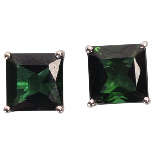1353 - A pair of 18ct white gold green safira tourmaline stud earrings, set with square scissor-cut tourmal... 