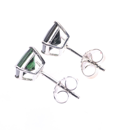 1353 - A pair of 18ct white gold green safira tourmaline stud earrings, set with square scissor-cut tourmal... 