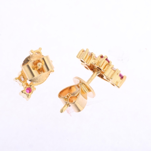 1354 - A pair  of 18ct gold ruby and diamond stud earrings, set with round-cut rubies and modern round bril... 