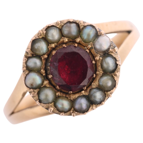 1357 - An Antique 9ct gold garnet and pearl cluster ring, cut-down collet set with foil-back round-cut garn... 