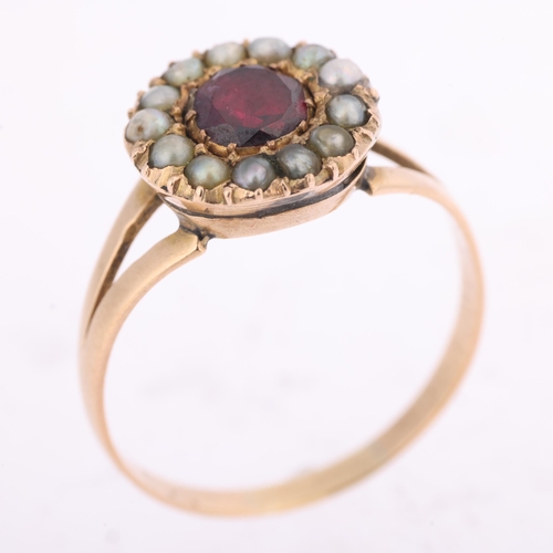 1357 - An Antique 9ct gold garnet and pearl cluster ring, cut-down collet set with foil-back round-cut garn... 