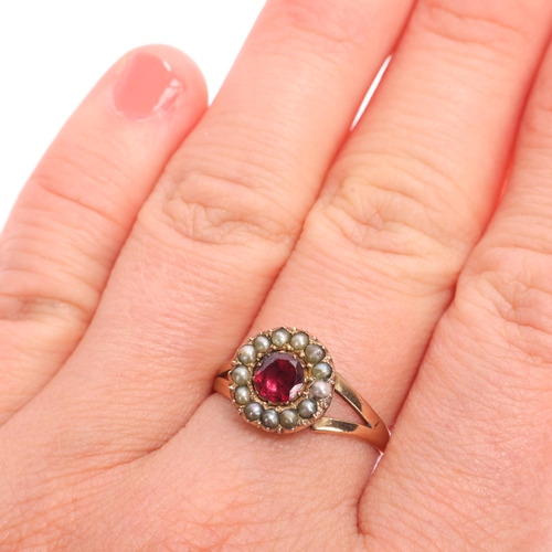 1357 - An Antique 9ct gold garnet and pearl cluster ring, cut-down collet set with foil-back round-cut garn... 