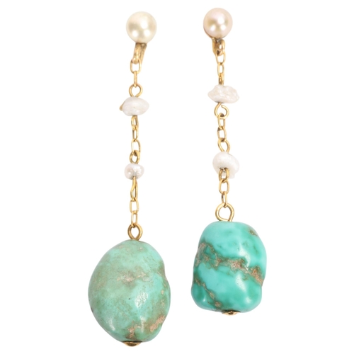1358 - A pair of Antique Victorian 9ct gold turquoise matrix pearl drop stud earrings, with pearl spacer ch... 