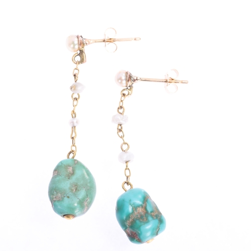 1358 - A pair of Antique Victorian 9ct gold turquoise matrix pearl drop stud earrings, with pearl spacer ch... 