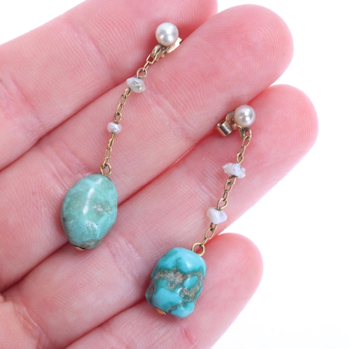 1358 - A pair of Antique Victorian 9ct gold turquoise matrix pearl drop stud earrings, with pearl spacer ch... 
