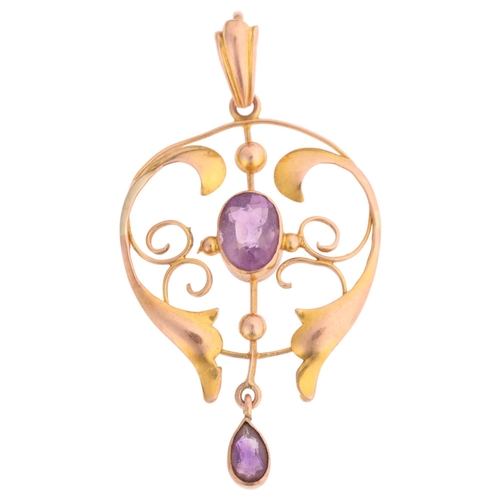 1360 - An Art Nouveau Edwardian 9ct rose gold amethyst openwork pendant, 46mm, 2g