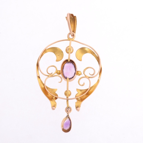 1360 - An Art Nouveau Edwardian 9ct rose gold amethyst openwork pendant, 46mm, 2g
