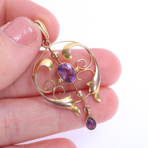 1360 - An Art Nouveau Edwardian 9ct rose gold amethyst openwork pendant, 46mm, 2g