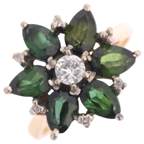 1362 - An 18ct gold green tourmaline and diamond flowerhead cluster ring, set with pear-cut tourmalines and... 