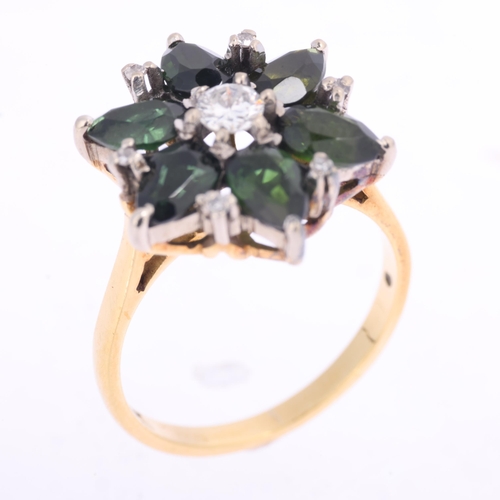1362 - An 18ct gold green tourmaline and diamond flowerhead cluster ring, set with pear-cut tourmalines and... 