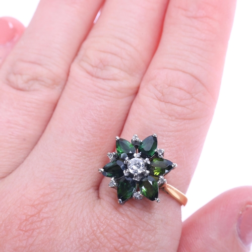 1362 - An 18ct gold green tourmaline and diamond flowerhead cluster ring, set with pear-cut tourmalines and... 