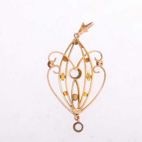 1364 - An Art Nouveau Edwardian 9ct rose gold aquamarine and split pearl openwork pendant, 47mm, 2.2g