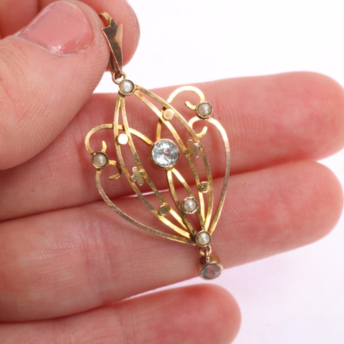 1364 - An Art Nouveau Edwardian 9ct rose gold aquamarine and split pearl openwork pendant, 47mm, 2.2g