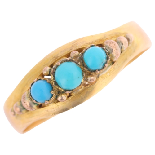 1365 - An Antique Victorian 18ct gold three stone turquoise ring, maker SH, Birmingham 1889, set with round... 