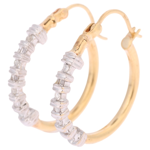 1366 - A pair of 9ct gold diamond hoop earrings, set with baguette and single-cut diamonds, and English loc... 