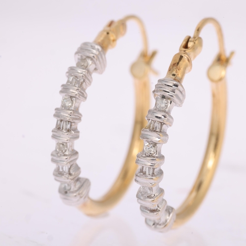 1366 - A pair of 9ct gold diamond hoop earrings, set with baguette and single-cut diamonds, and English loc... 