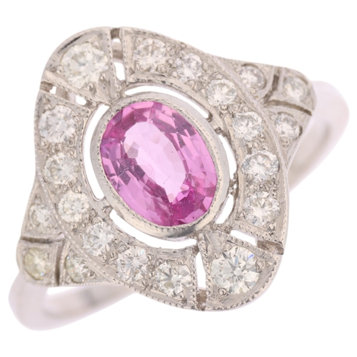 1369 - An Art Deco style platinum pink sapphire and diamond cluster panel ring, millegrain set with oval mi... 