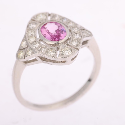 1369 - An Art Deco style platinum pink sapphire and diamond cluster panel ring, millegrain set with oval mi... 