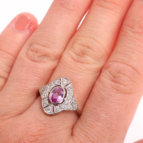 1369 - An Art Deco style platinum pink sapphire and diamond cluster panel ring, millegrain set with oval mi... 