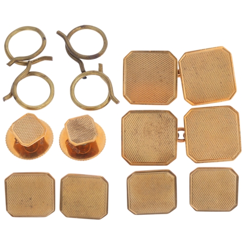 1372 - An Art Deco style 9ct gold gentleman's dress set, SJ Rose, Birmingham 1958, square canted form with ... 