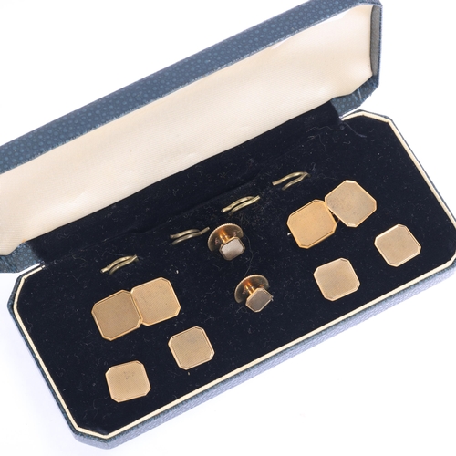 1372 - An Art Deco style 9ct gold gentleman's dress set, SJ Rose, Birmingham 1958, square canted form with ... 