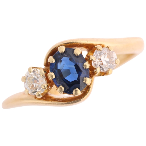 1374 - An Antique 18ct gold three stone sapphire and diamond crossover ring, indistinct maker, Birmingham 1... 