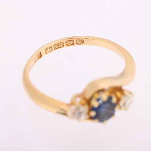 1374 - An Antique 18ct gold three stone sapphire and diamond crossover ring, indistinct maker, Birmingham 1... 
