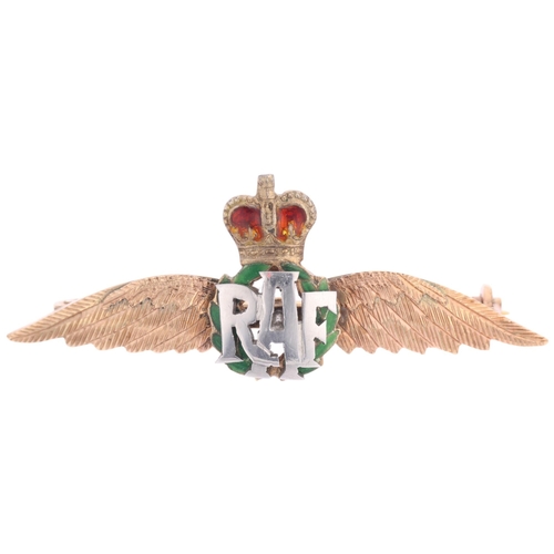 1379 - A 9ct two-colour gold enamel RAF wings sweetheart brooch, Cropp & Farr, Birmingham 1979, 38.6mm, 3.1... 