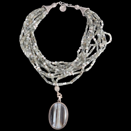 1562 - A large contemporary sterling silver banded agate rutile and rainbow moonstone multi-strand pendant ... 