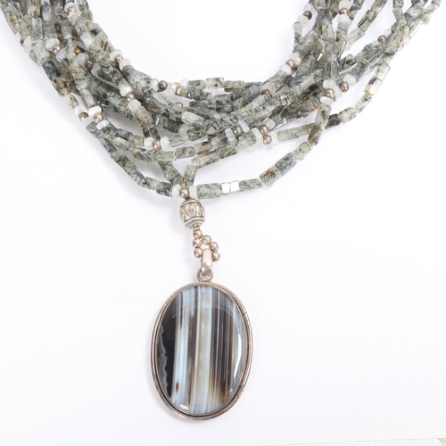 1562 - A large contemporary sterling silver banded agate rutile and rainbow moonstone multi-strand pendant ... 