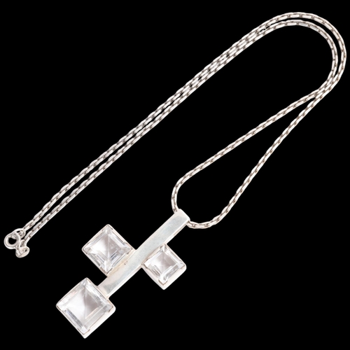 1572 - A Finnish modernist sterling silver rock crystal quartz geometric abstract pendant necklace, no make... 