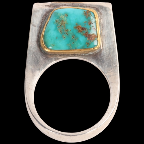 1575 - A Continental modernist sterling silver moonstone and turquoise abstract ring, maker DWJ, with gilde... 