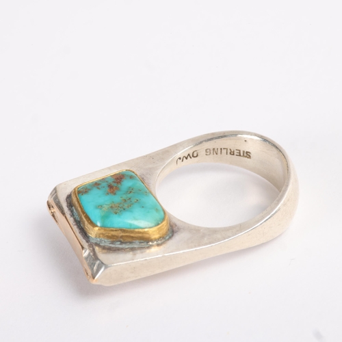 1575 - A Continental modernist sterling silver moonstone and turquoise abstract ring, maker DWJ, with gilde... 