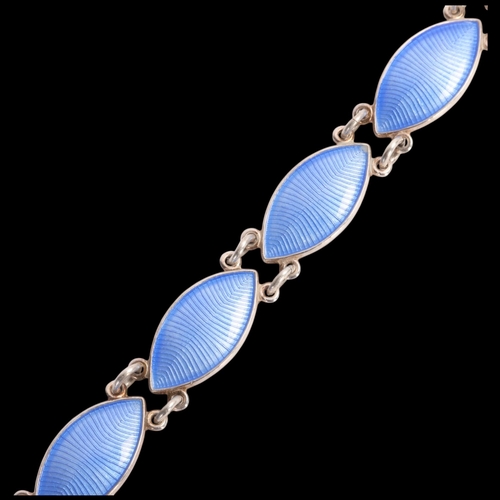 1582 - VOLMER BAHNER - an Art Deco style Danish sterling silver blue enamel marquise panel bracelet, band w... 