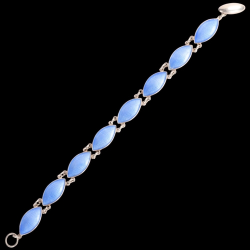 1582 - VOLMER BAHNER - an Art Deco style Danish sterling silver blue enamel marquise panel bracelet, band w... 