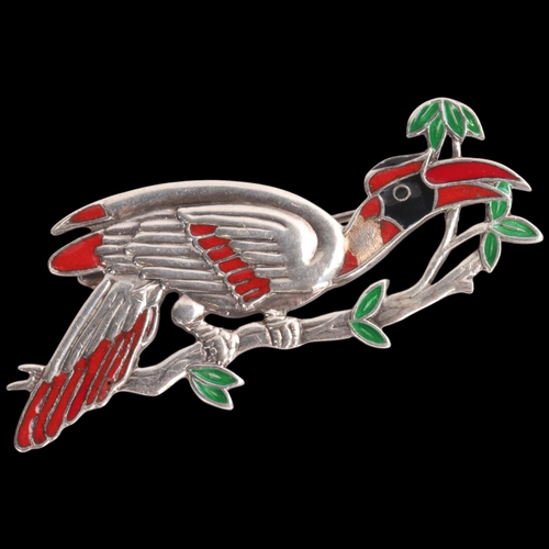 1584 - VOLMER BAHNER - an Art Deco style Danish sterling silver enamel toucan brooch, 59.1mm, 12.3g