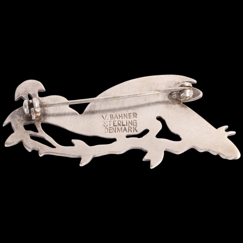 1584 - VOLMER BAHNER - an Art Deco style Danish sterling silver enamel toucan brooch, 59.1mm, 12.3g