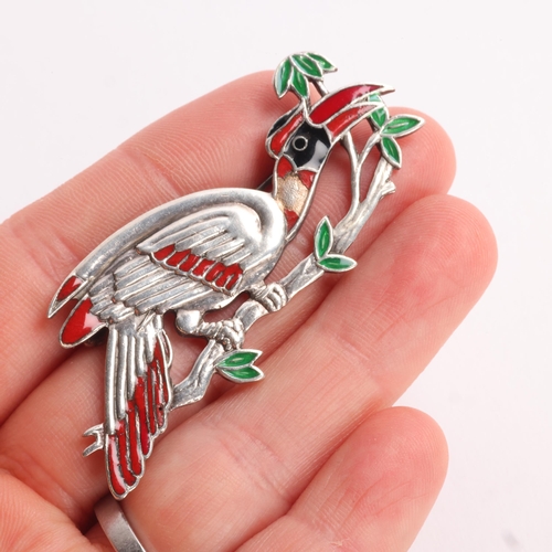 1584 - VOLMER BAHNER - an Art Deco style Danish sterling silver enamel toucan brooch, 59.1mm, 12.3g